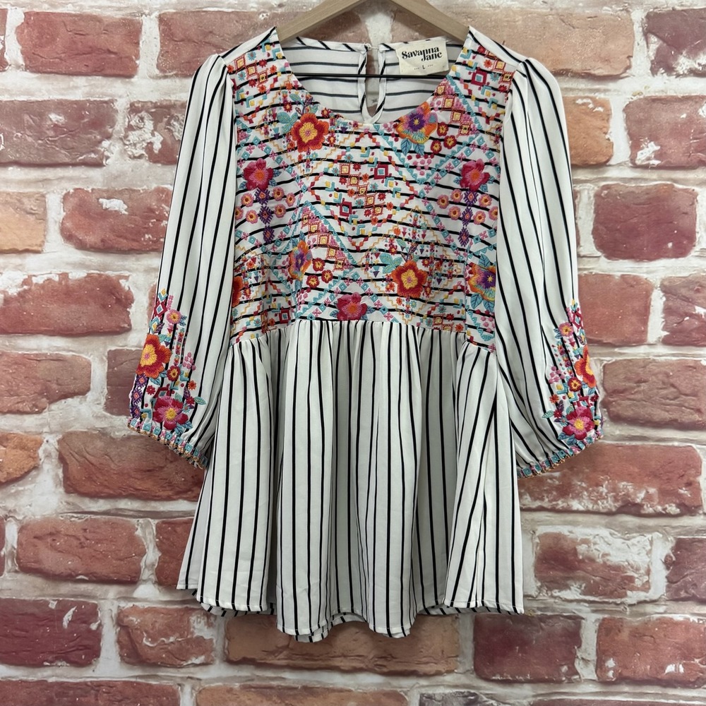 Anthropologie Savanna Jane Top Women's L Boho Floral Embroidered Striped Shirt